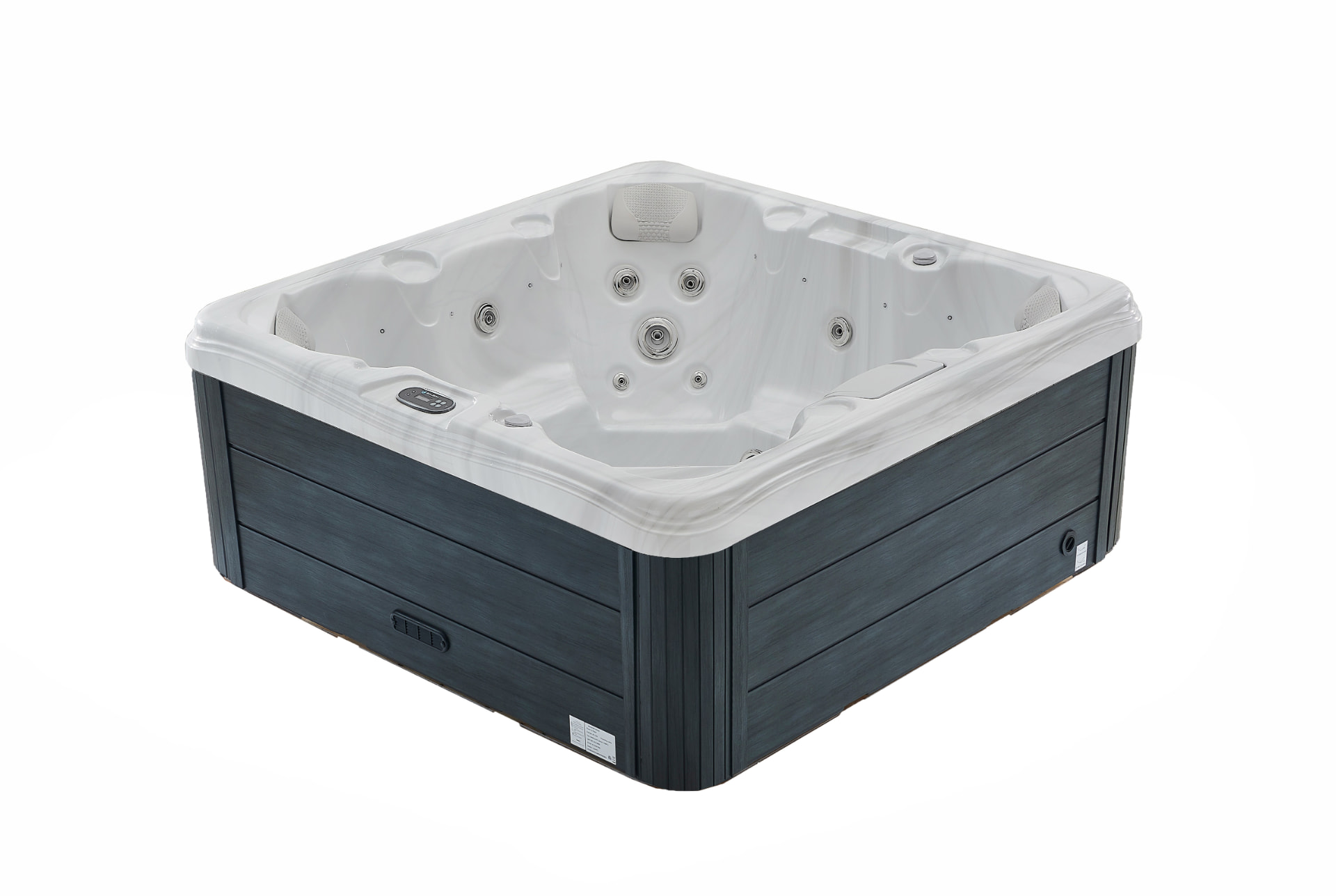 Xenflo Yallingup spa with charcoal timber-look cabinet and white marble shell