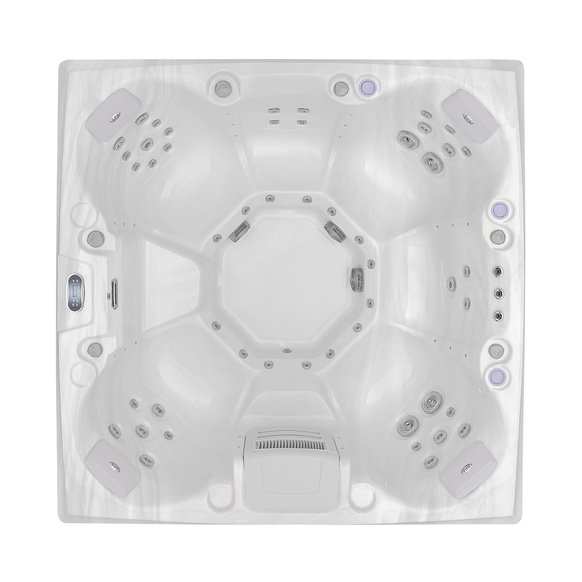 Overhead plan view of the Xenflo Sanctuary spa shell, seating and jet layout
