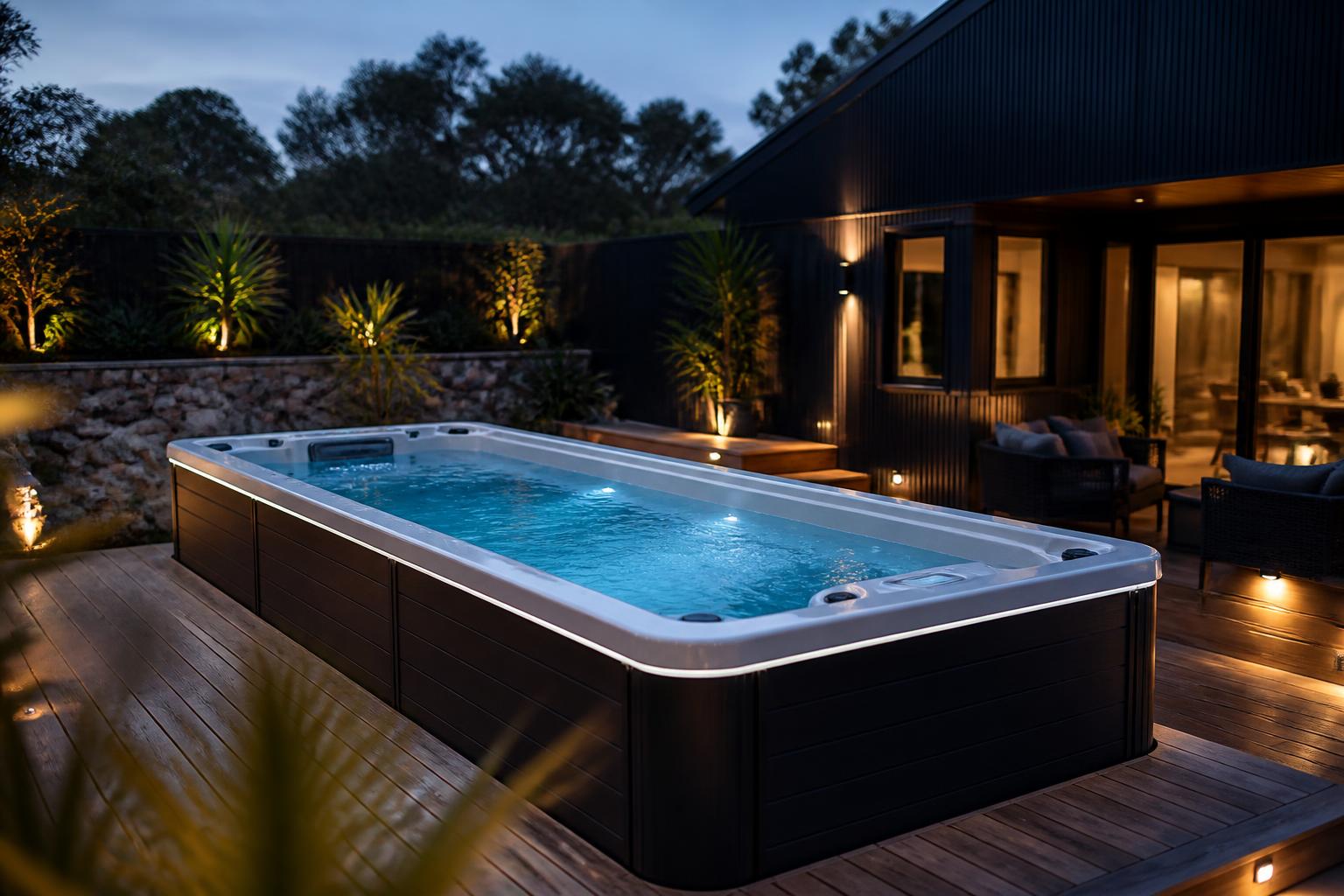 A long rectangular swim spa on a timber deck at dusk, with the water gently illuminated