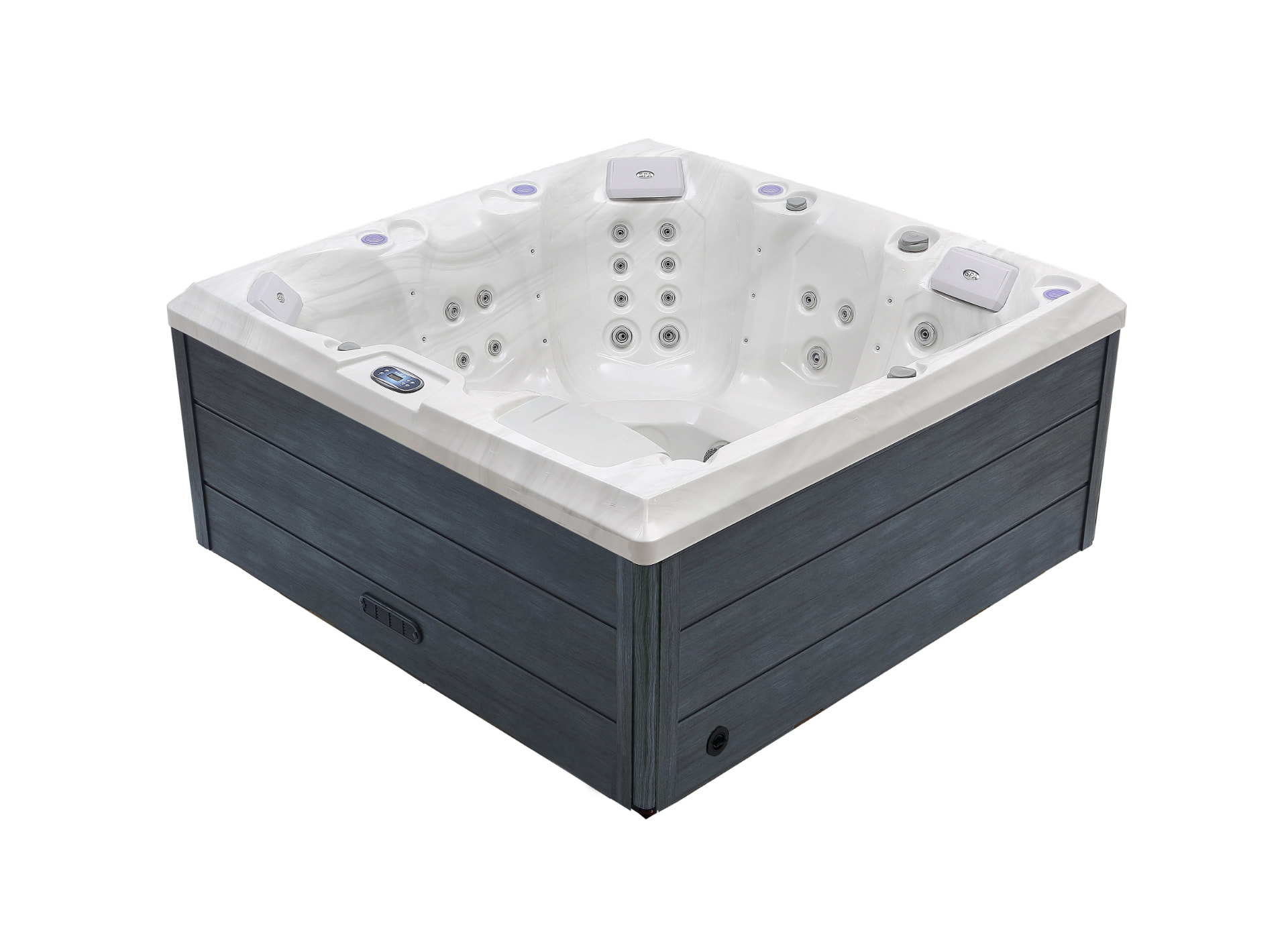 Xenflo Escape spa with charcoal timber-look cabinet and white marble shell