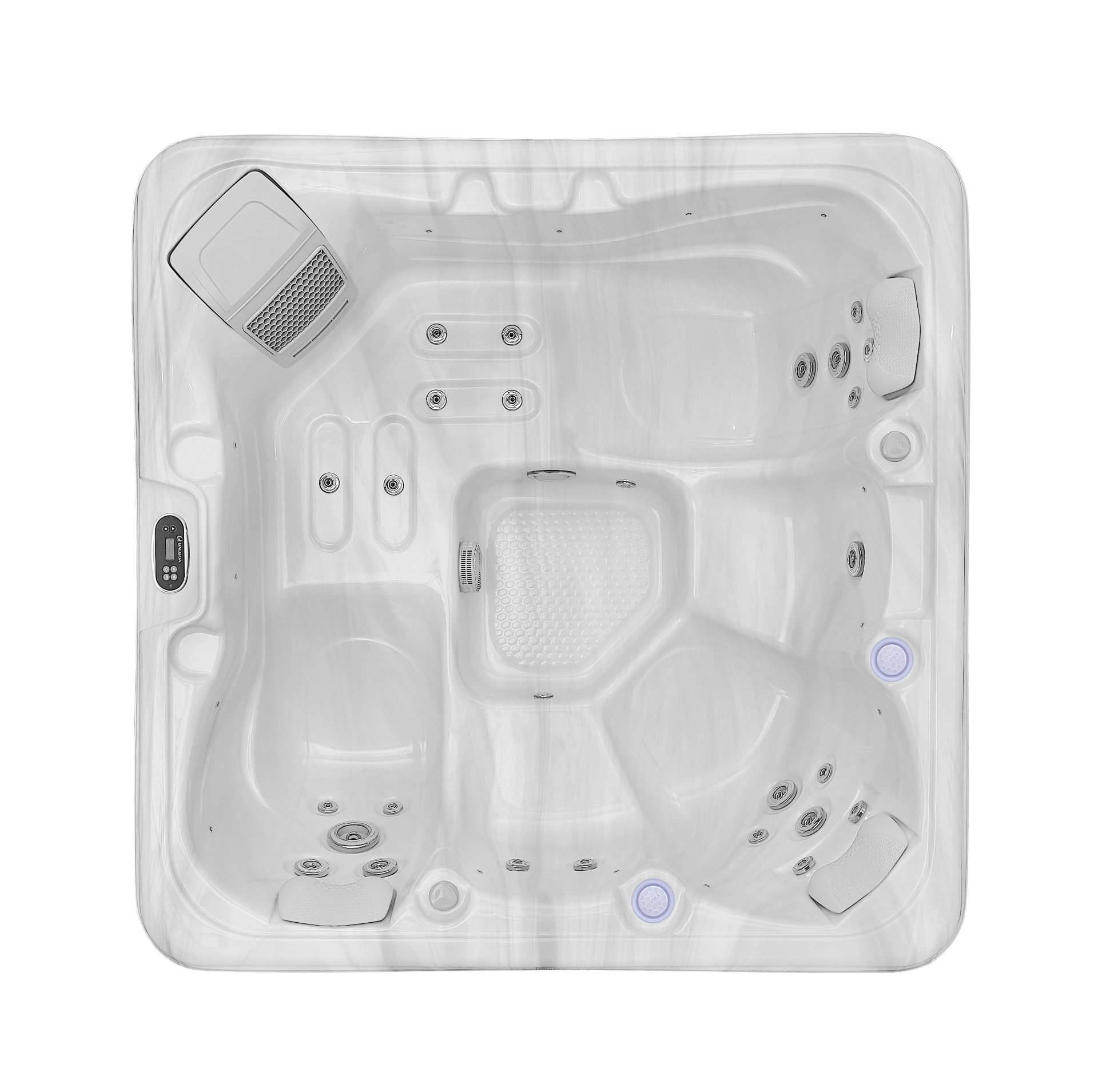 Overhead plan view of the Xenflo Haven spa shell and jet layout