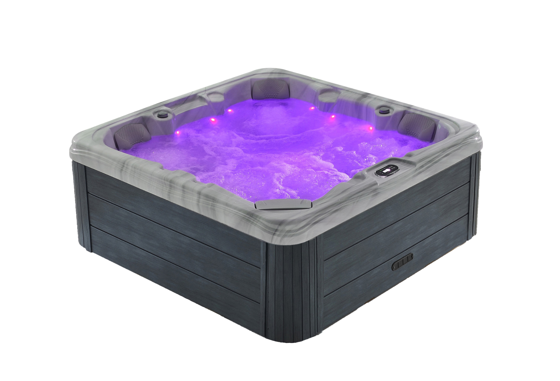 Xenflo Haven spa lit in purple with the water bubbling