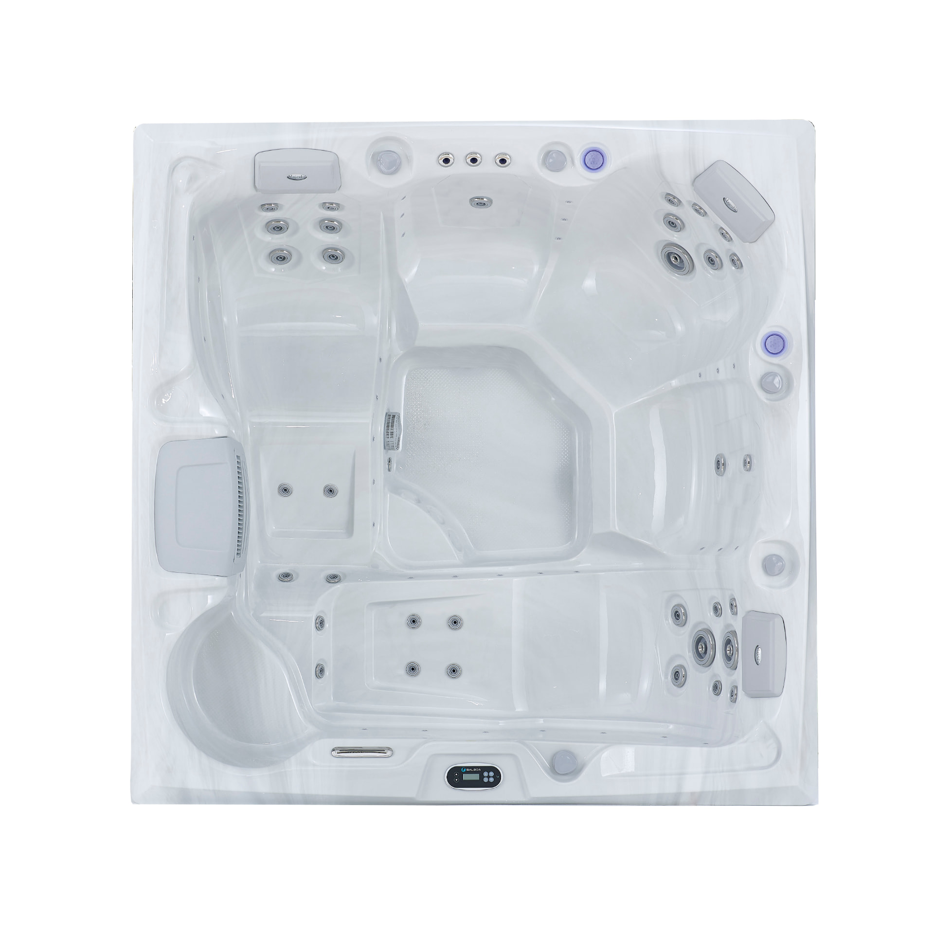 Overhead plan view of the Xenflo Meelup spa shell, seating and jet layout