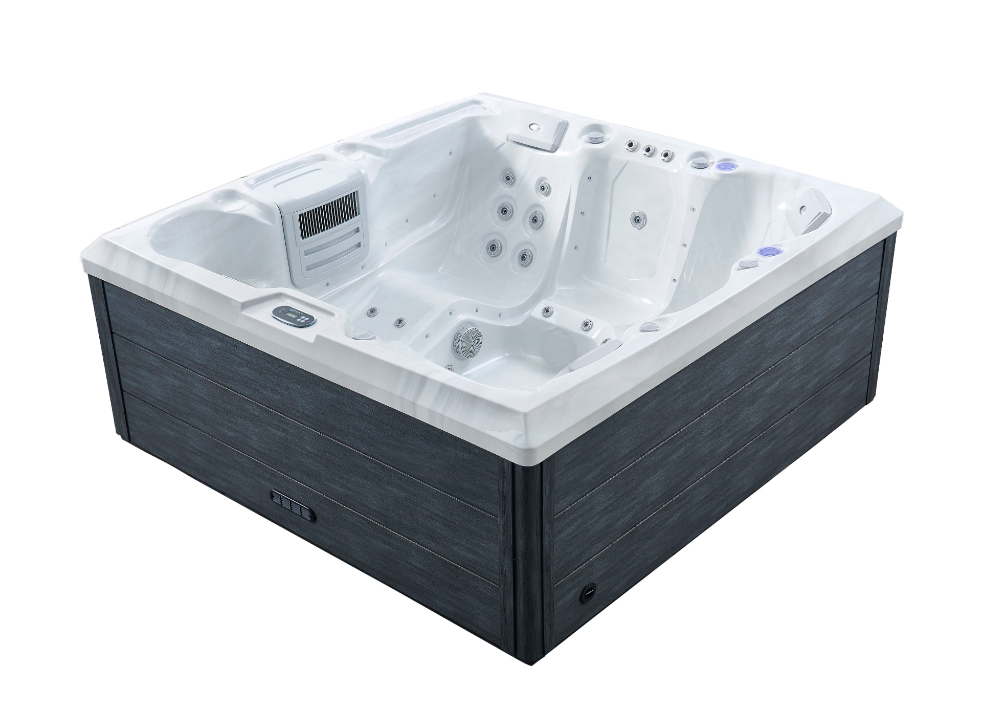 Xenflo Meelup spa with charcoal timber-look cabinet and white marble shell