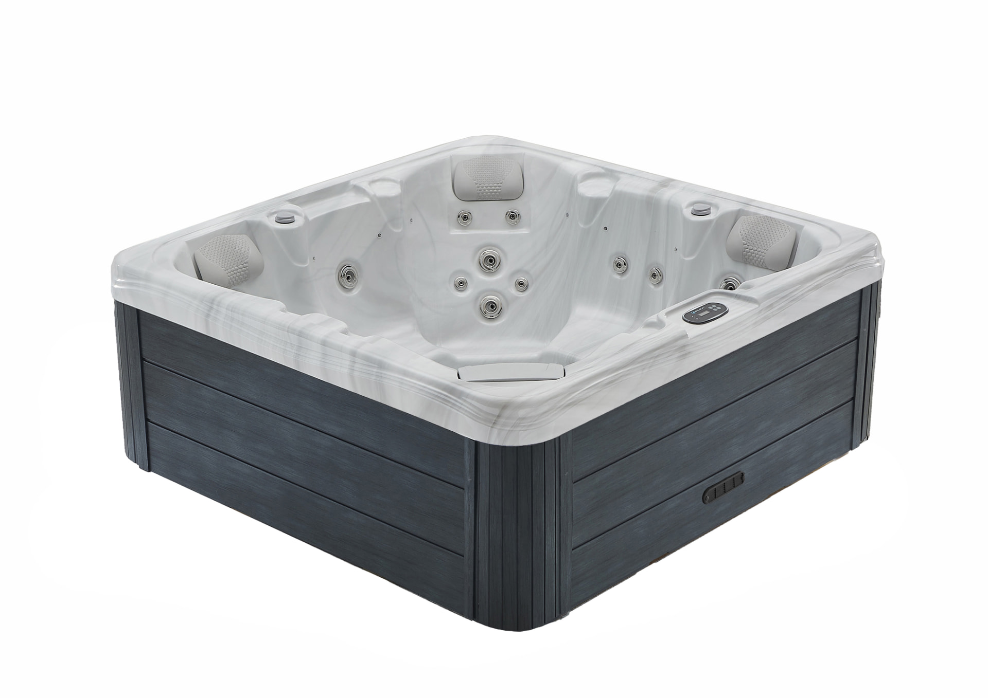 Xenflo Haven spa with charcoal cabinet, empty shell showing seating and jets