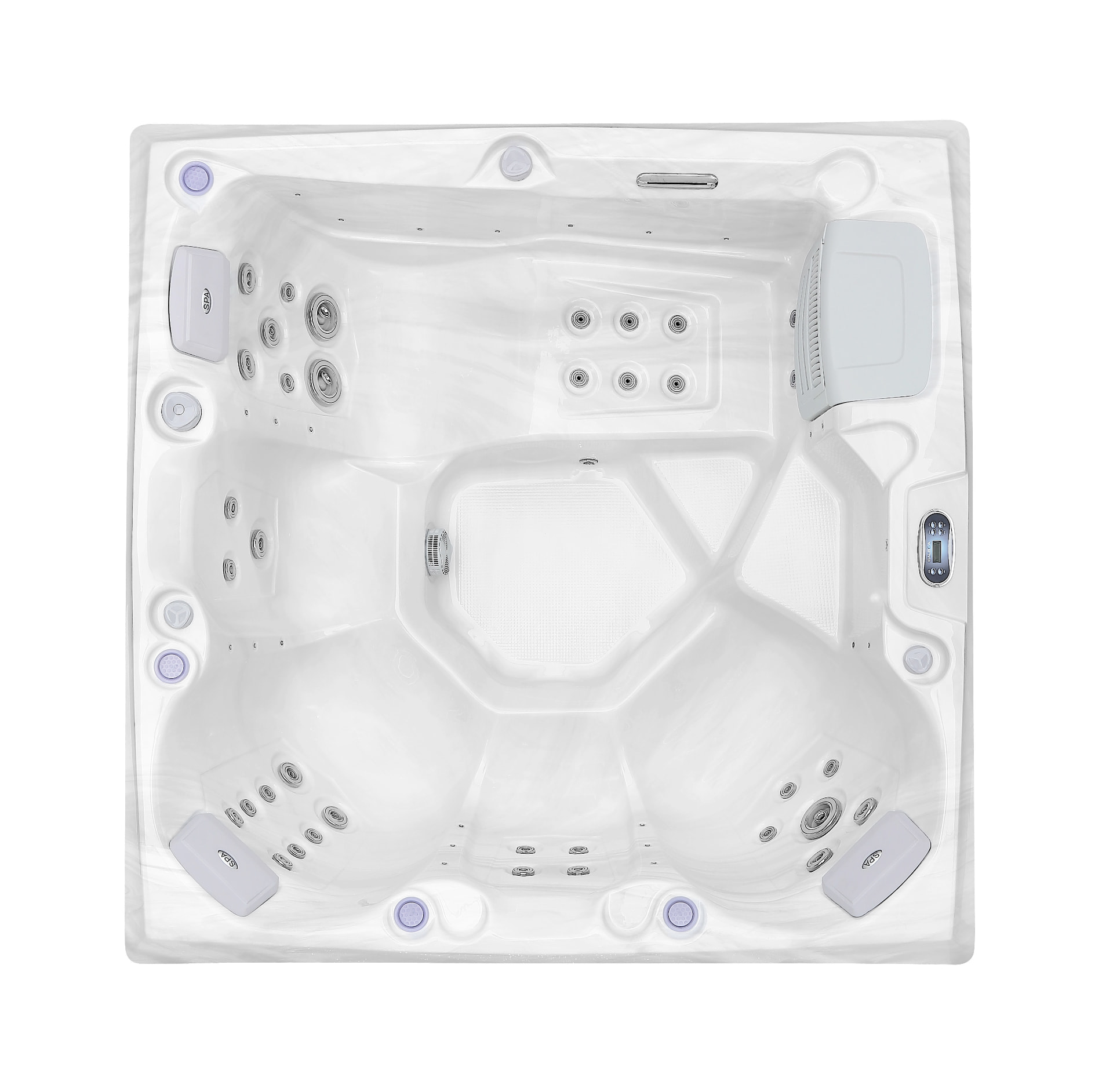 Overhead plan view of the Xenflo Escape spa shell, seating and jet layout