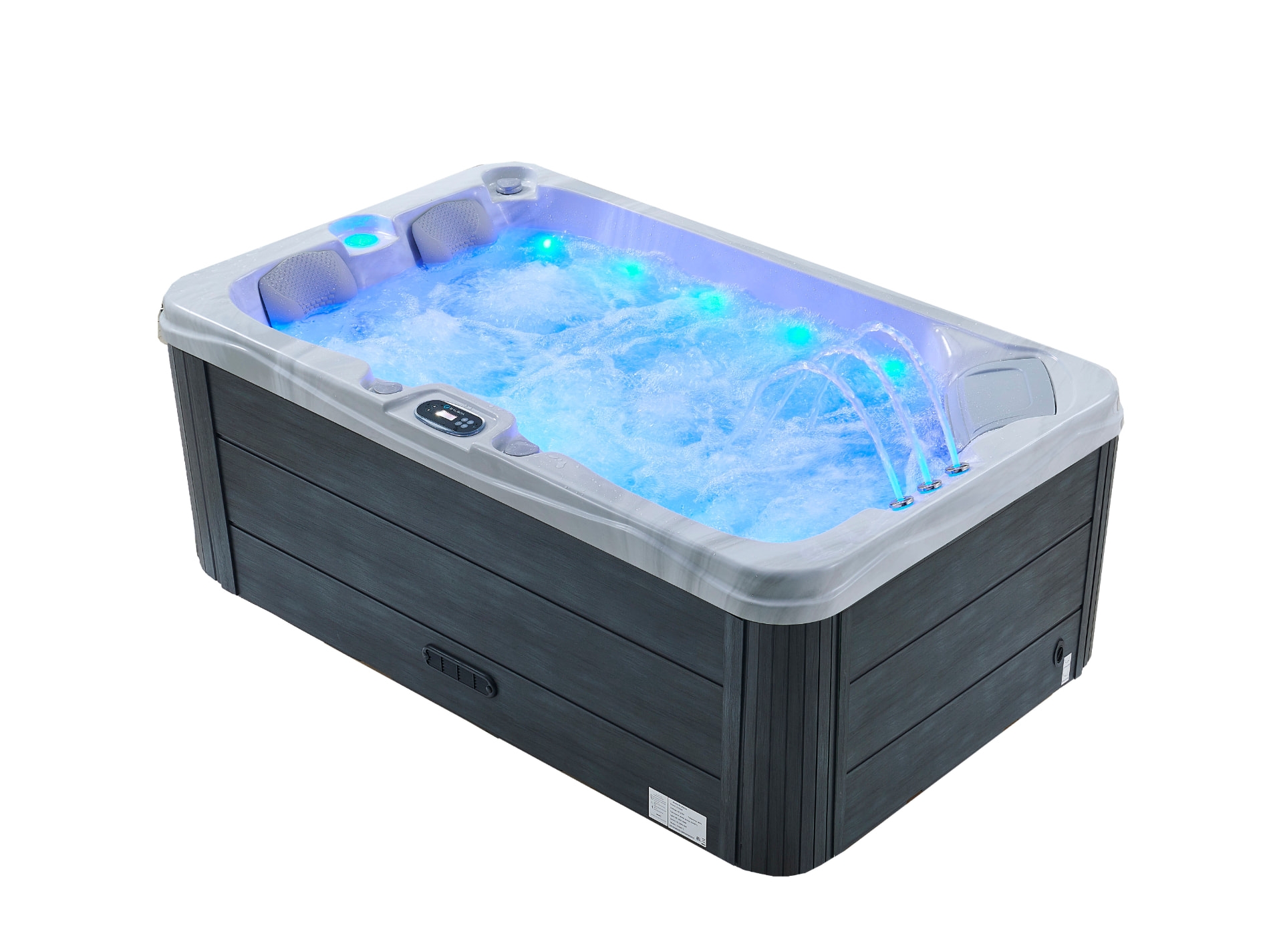 Xenflo Cove spa running with LED lighting and waterfall jets