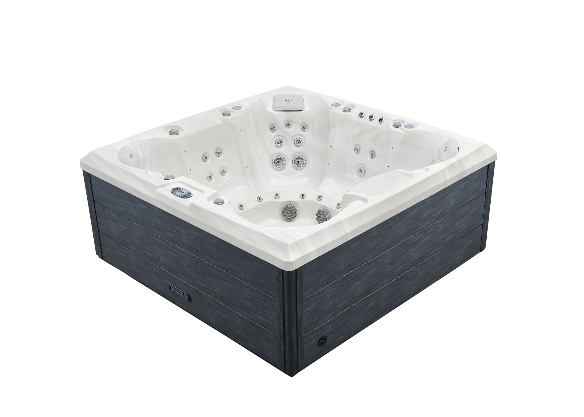 Xenflo Sanctuary spa with charcoal timber-look cabinet and white marble shell