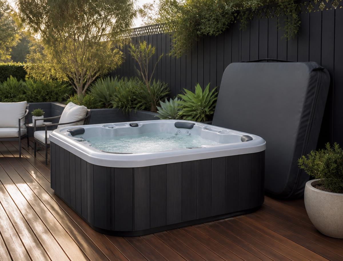 Freestanding spa with a charcoal cabinet on timber decking in an Australian backyard